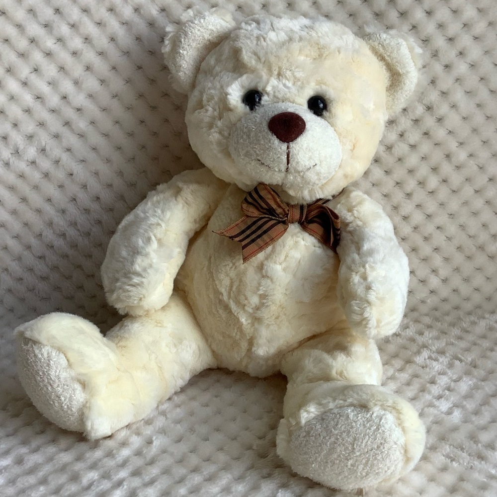 ZELLERS Plush Cream Colour Bear Stuffed Animal Toy with Brown Plaid Bow